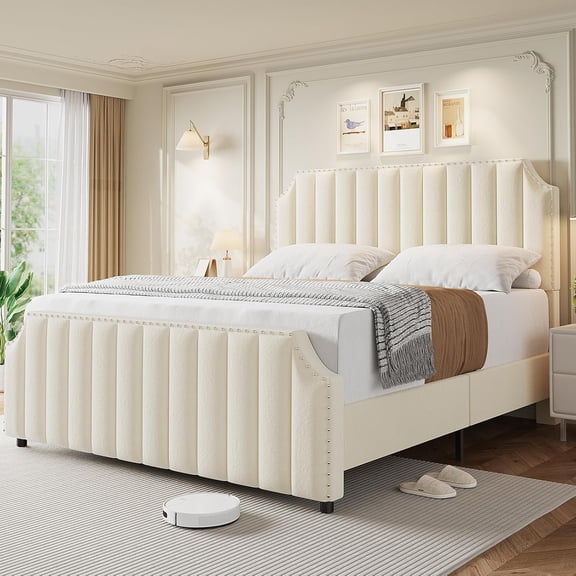Queen Size Velvet Bed Frame, 50.2 in Tall Headboard & Footboard, Upholstered Platform Queen Bed Frame with Nailhead Trim, No Box Spring Needed, Noise Free, Solid Wooden Slats, Beige
