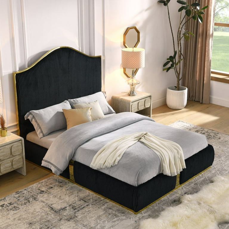 Queen Size Velvet Bed Frame with Arched Back Cushion Metal Base Platform Bed Maximum Weight 800LBS for Bedroom Guest Room No Box Spring Needed