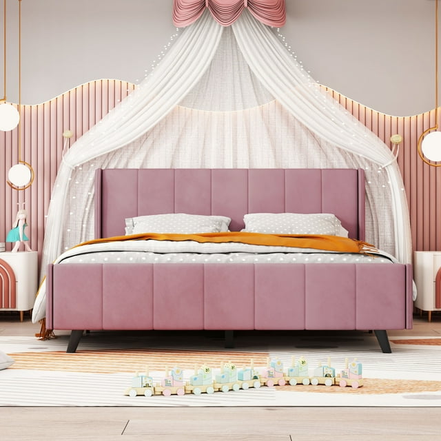 Queen Size Velvet Bed Frame with Vertical Channel Tufted Wingback Headboard, Upholstered Platform Bed with Wood Slats, No Box Spring Needed, Easy Assembly, Non-Slip Noise, Pink