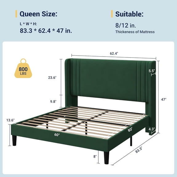 Queen Size Velvet Platform Bed Frame with Vertical Tufted Wingback Headboard, Easy Assembly, Under Bed Storage, No Box Spring Required, Modern Style, Green