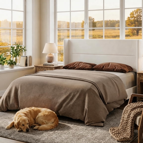 Queen Size Velvet Platform Bed Frame with Wingback Headboard, Wood Slat Support, No Box Spring Required, Easy Assembly, White