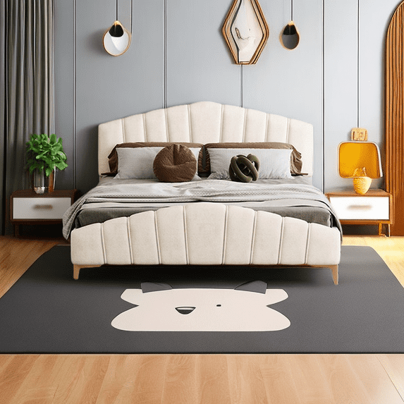 Queen Size Velvet Platform Bed with Thick Fabric, Stylish Stripe Decorated Bedboard and Elegant Metal Bed Leg