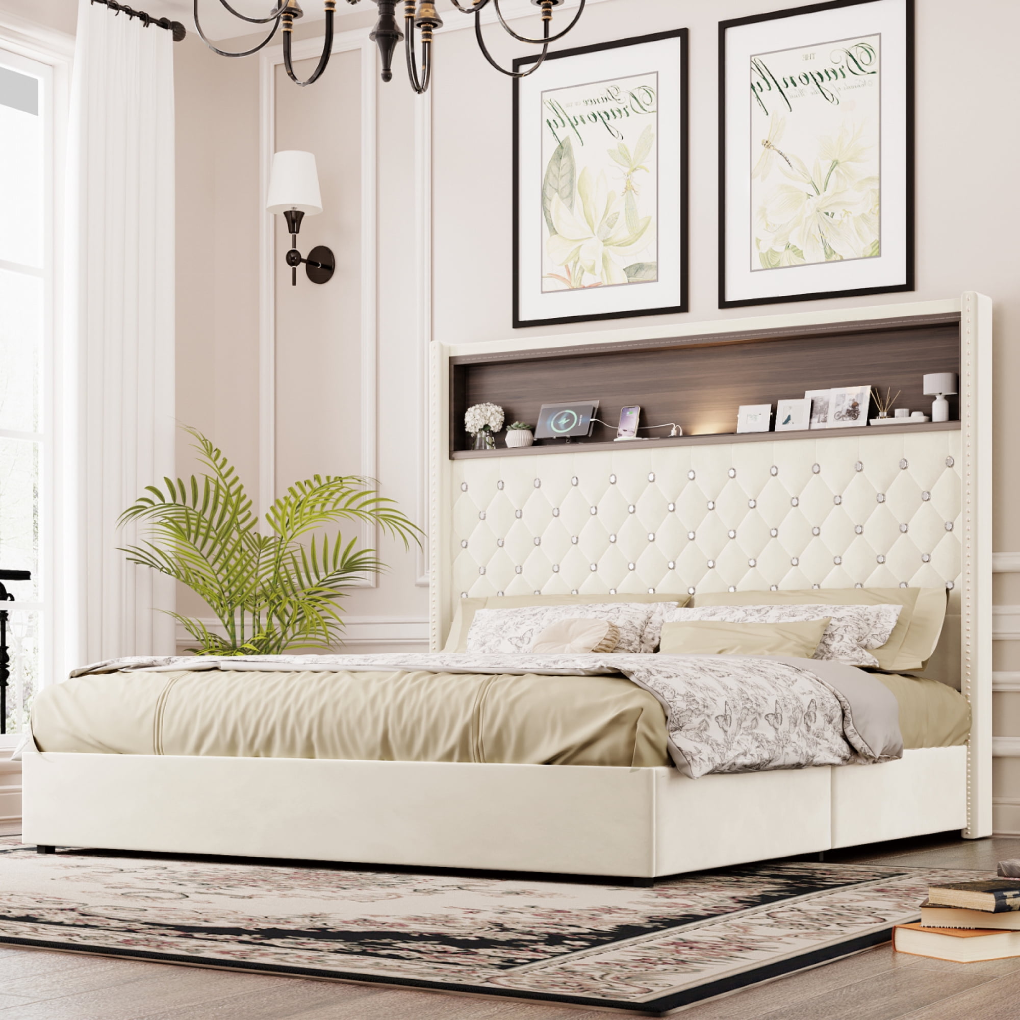 Queen Size Velvet Tufted Wing-back Bed Frame - 52'' High Rivet Headboard with Shelf, USB Port & Night Light, Soft Platform Bed,Black
