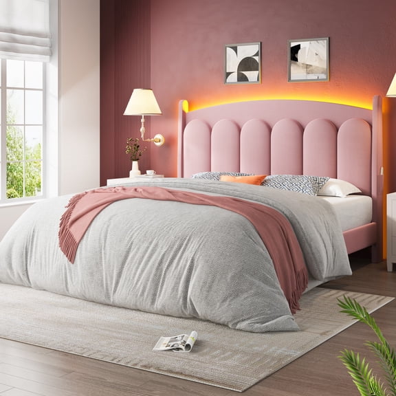Queen Size Velvet Upholstered Bed Frame with LED Lights & Adjustable Headboard, Platform Queen Bed with 12 Sturdy Wooden Slats Support, No Box Spring Neded/Easy Assembly/Pink