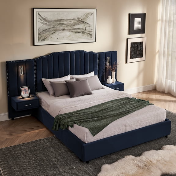 Queen Size Velvet Upholstered Bed Frame with Vertical Stripe Button Design - Includes Headboard & Bedside Table, No Box Spring Needed,Dark Blue