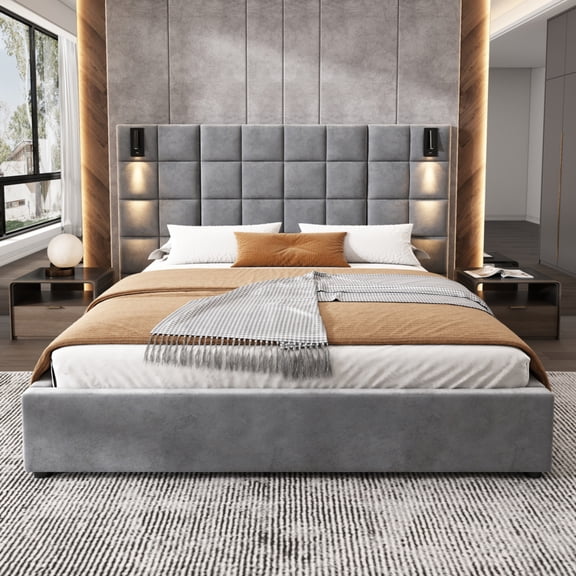 Queen Size Velvet Upholstered Bed Frame with Wall Sconce, USB Port & Wide Headboard, No Box Spring Needed,Gray