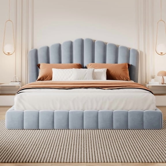 Queen Size Velvet Upholstered Floor Bed Frame with Shell-Shaped Headboard, Low Profile Platform Bed No Box Spring Needed for Bedroom, Light Blue