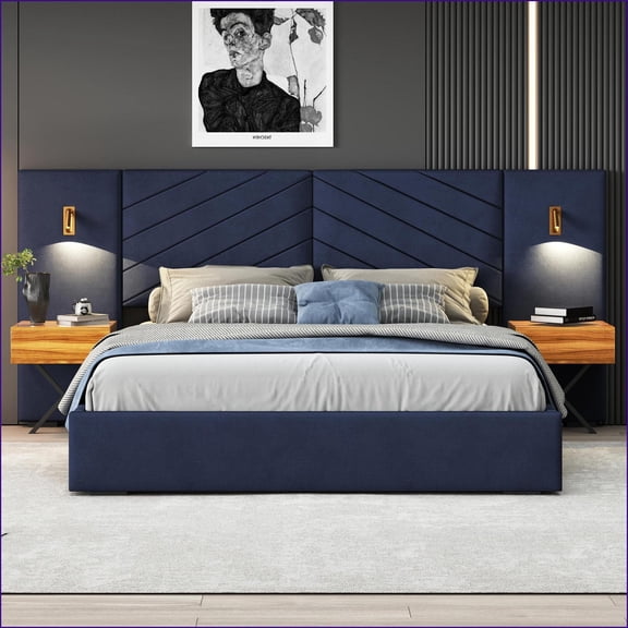 Queen Size Velvet Upholstered Platform Bed Frame with Vertical Channel Tufted Wingback Headboard - No Box Spring Needed, Strong Slats, Easy Assembly Royal Blue for Master Bedroom