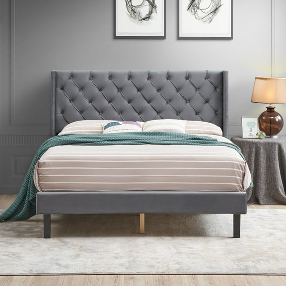 Queen Size Velvet Upholstered Platform Bed Frame with Button Tufted Headboard, Wooden Slats with Wings Design, No Box Spring Needed, Easy Assembly