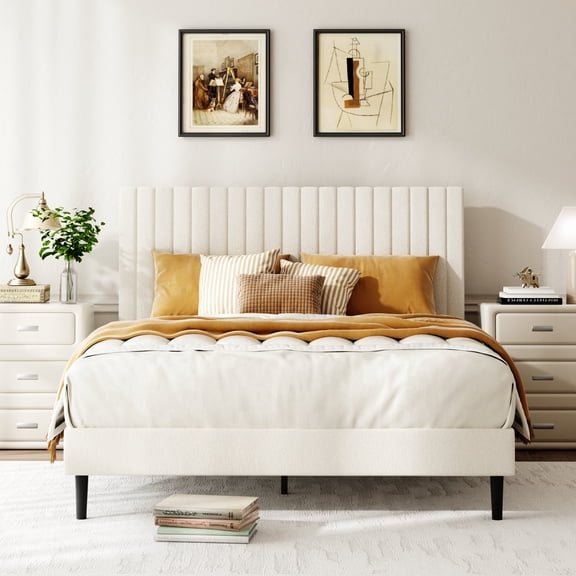 Queen Size Velvet Upholstered Platform Bed with Height-Adjustable Headboard, Sturdy Steel Frame & Wood Slats, EVA Silent Strips, No Box Spring Needed, Easy Assembly, Beige