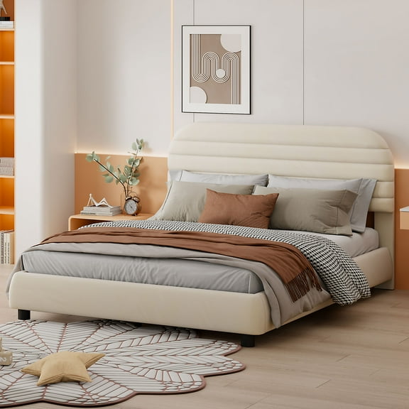 Queen Size Velvet Upholstered Platform Bed,Solid Frame And Stylish Curve-Shaped Design, Beige