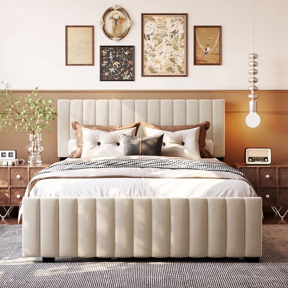 Queen Size Velvet Upholstered Platform Bed,Vertical Channel Tufted Bed Frame with Headboard, Trundle & Wooden Slat Support, No Box Spring Needed, Beige