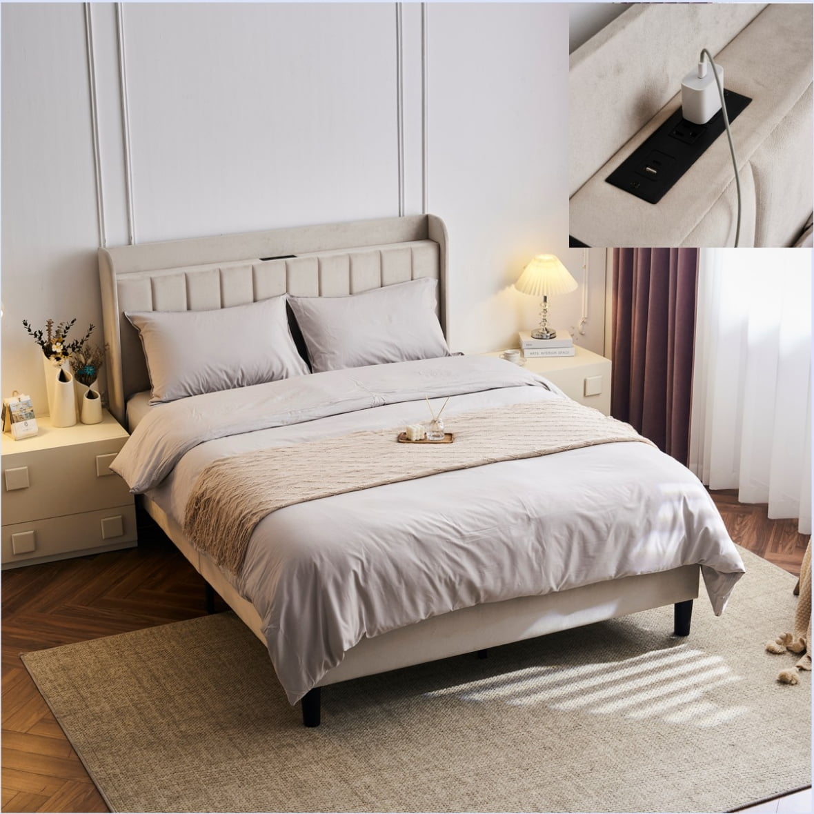 Queen Off-White Velvet Upholstered Platform Bed with Tufted Headboard