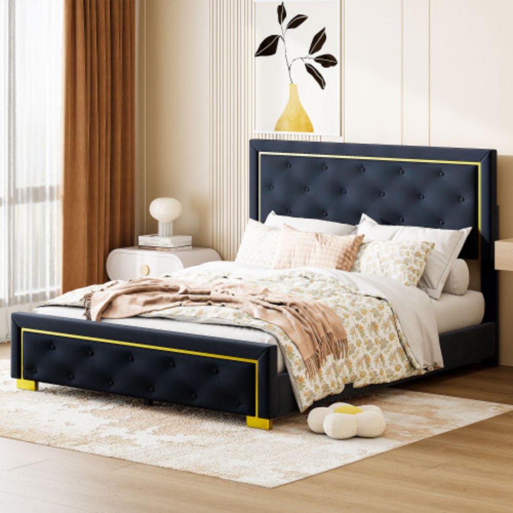 Queen Size Velvet Upholstered Platform Bed, Wood Bed Frame with Pull Point Headboard and Metal Wire Frame & Feet