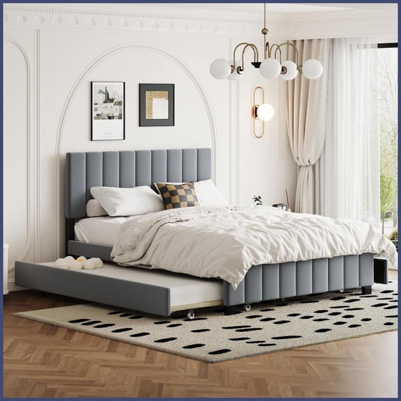 Queen Size Velvet Upholstered Platform Bed with 2 Drawers & Twin XL Trundle - Gray, No Box Spring Needed