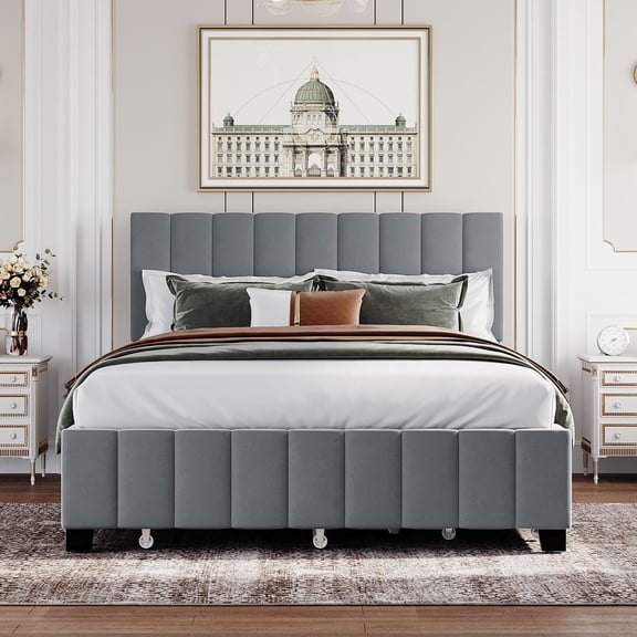 Queen Size Velvet Upholstered Platform Bed with 2 Storage Drawers and Twin XL Trundle