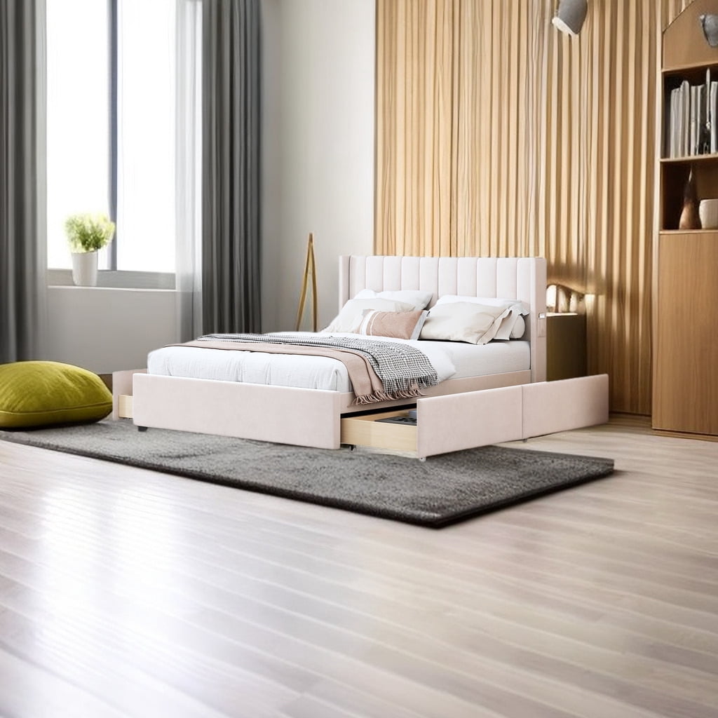 Queen Size Velvet Upholstered Platform Bed with 4 Storage Drawers ...