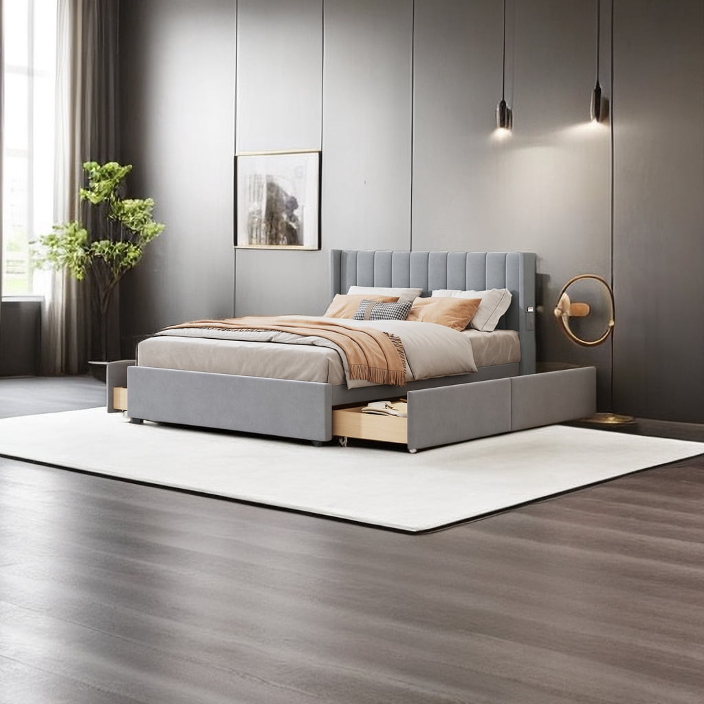 Queen Size Velvet Upholstered Platform Bed with 4 Storage Drawers ...