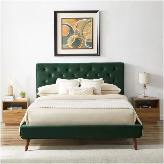 Queen Size Velvet Upholstered Platform Bed with Button Tufted Headboard, Mid-Century Modern Bed Frame, No Box Spring Needed, Dark Green