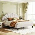 thumbnail image 1 of Queen Size Velvet Upholstered Platform Bed with Headboard, Stylish Queen Wood Bed Frame with Flower Pattern Headboard and Wooden Slats Support, Beige, 1 of 12