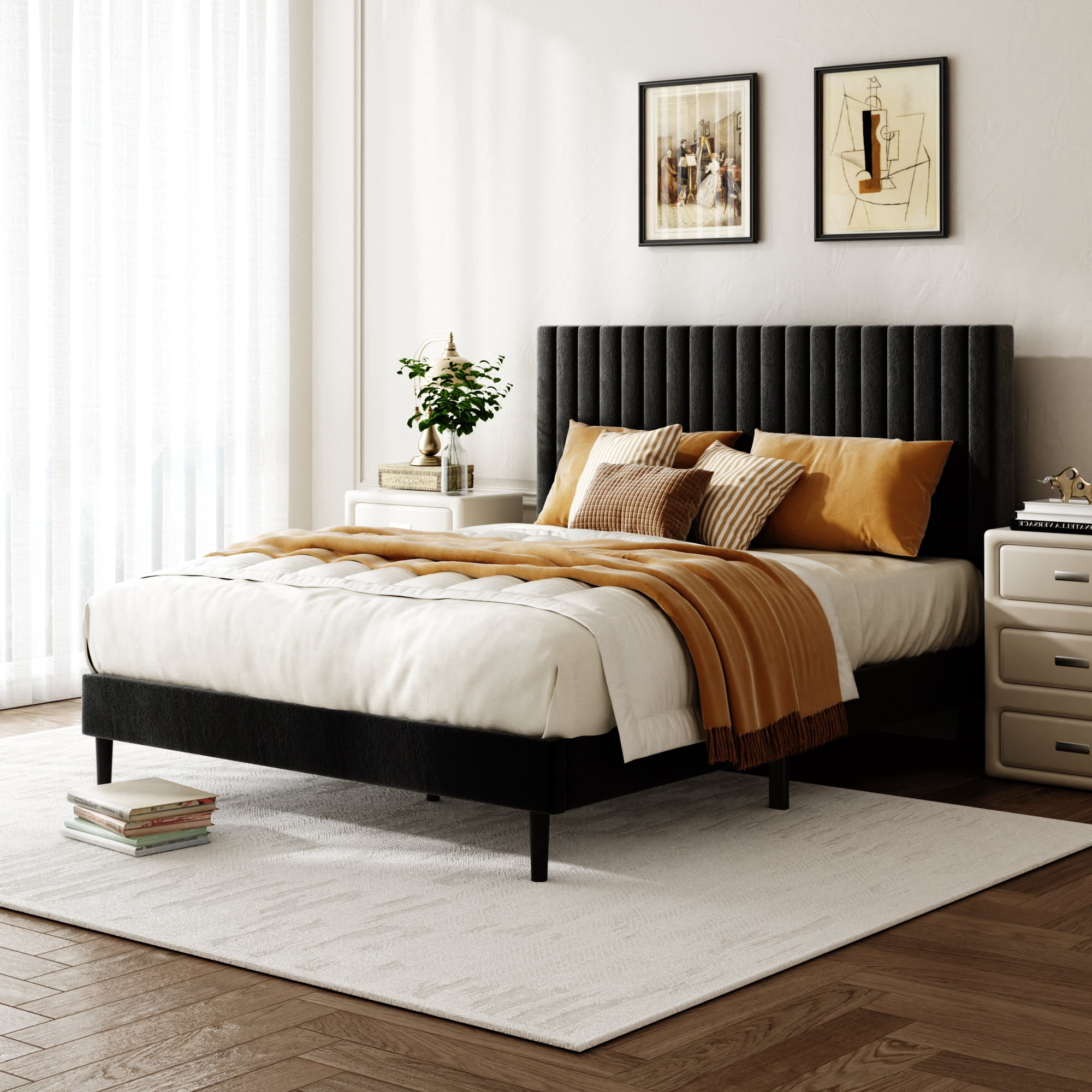 Queen Size Velvet Upholstered Platform Bed with Height-Adjustable Headboard, No Box Spring Needed