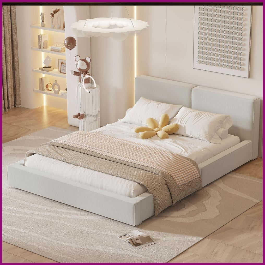 Queen Size Velvet Upholstered Platform Bed with Solid Frame, 500lbs Capacity, Beige Master Bedroom Bedframe