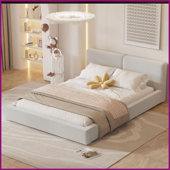 Queen Size Velvet Upholstered Platform Bed with Solid Frame, 500lbs Capacity, Beige Master Bedroom Bedframe