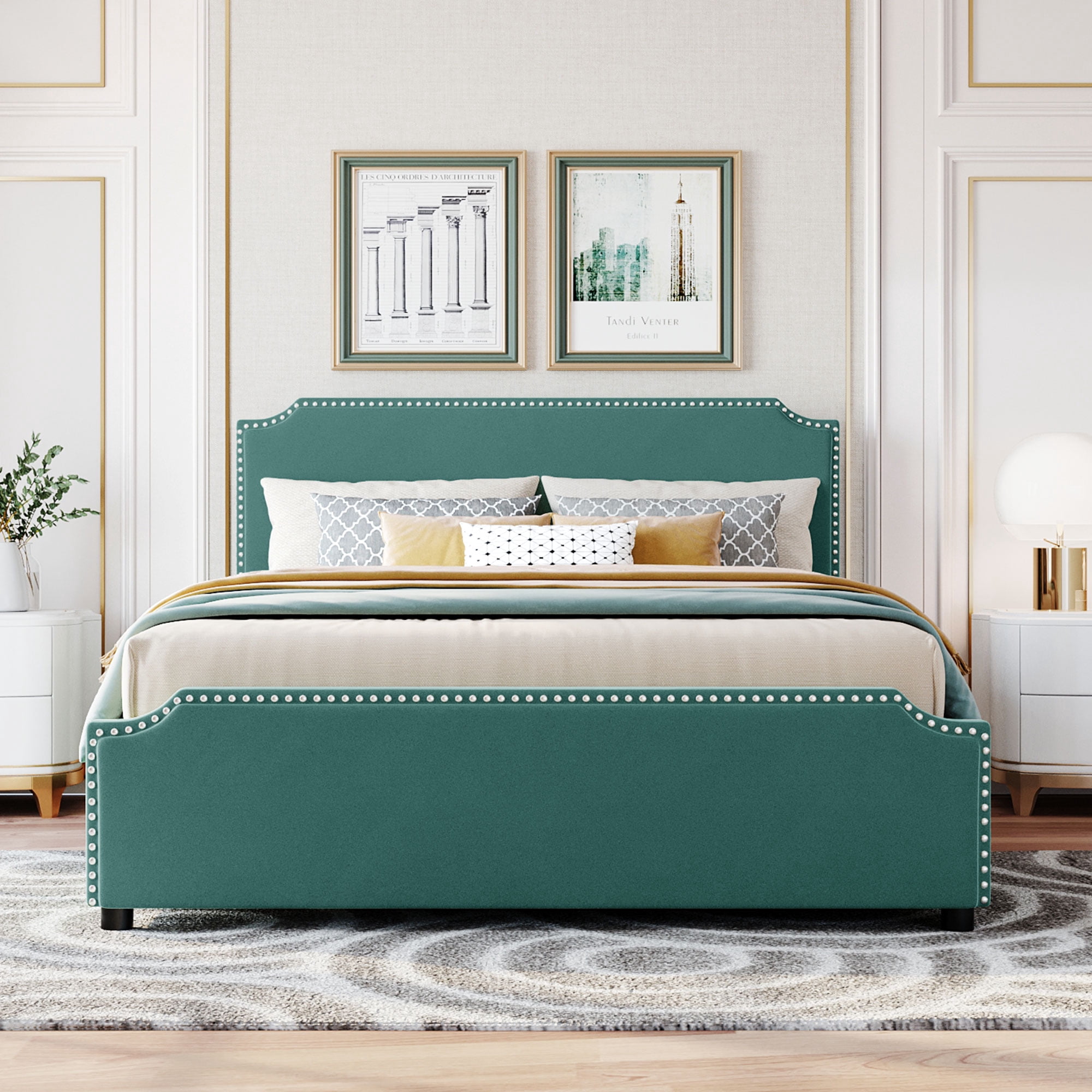 Queen Size Velvet Upholstered Platform Bed with Storage Drawers ...