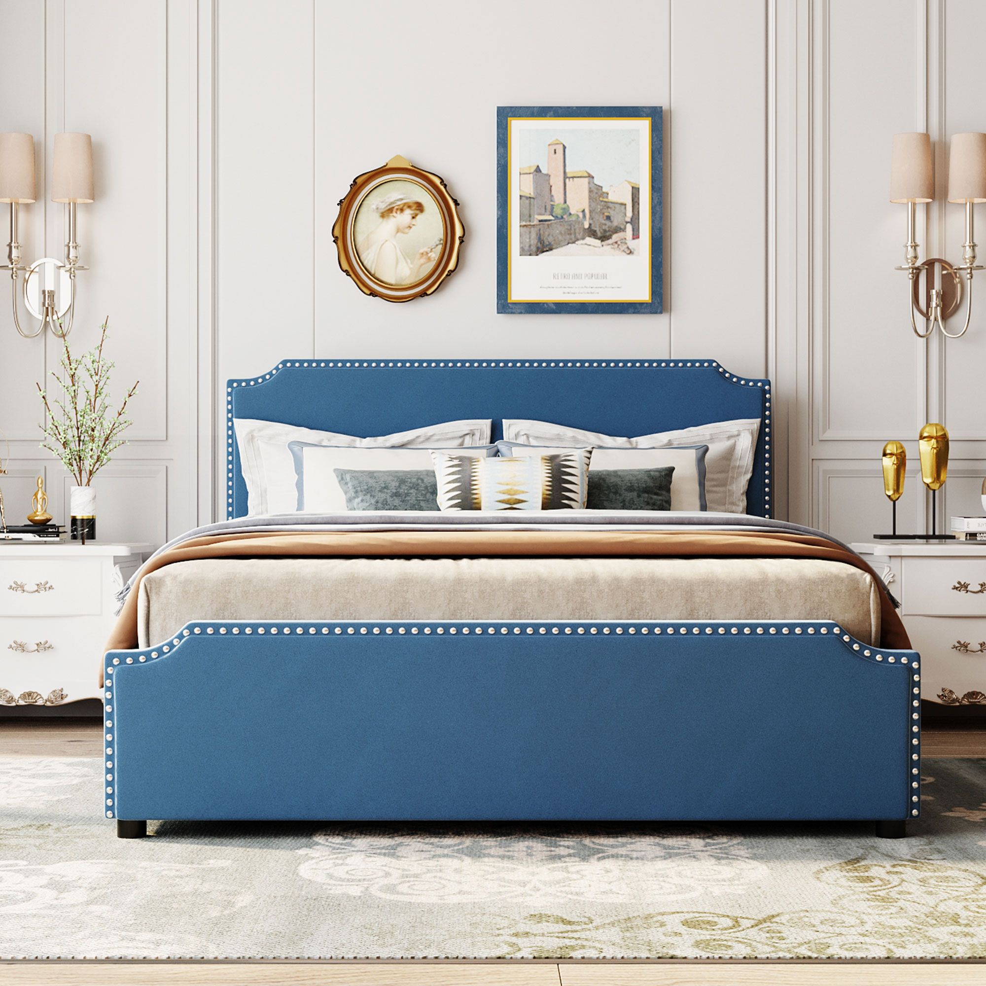 Queen Size Velvet Upholstered Platform Bed with Storage Drawers ...