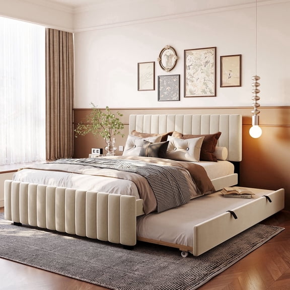 Queen Size Velvet Upholstered Platform Bed with Twin XL Pull-Out Trundle, Sturdy Slat Support No Box Spring Needed, Beige