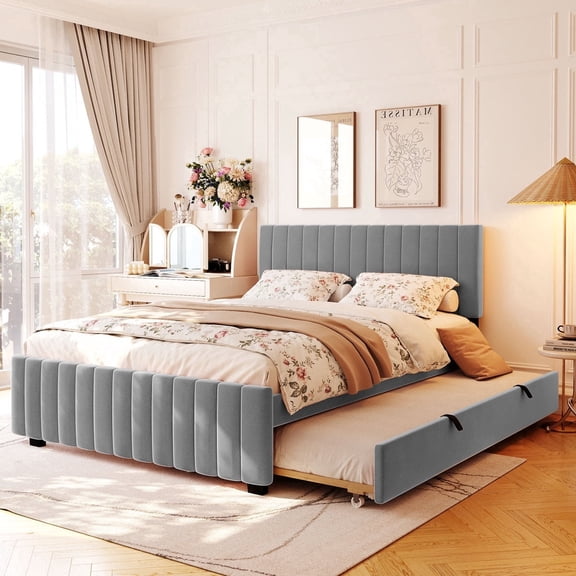 Queen Size Velvet Upholstered Platform Bed with Twin XL Pull-Out Trundle, Sturdy Slat Support No Box Spring Needed, Gray