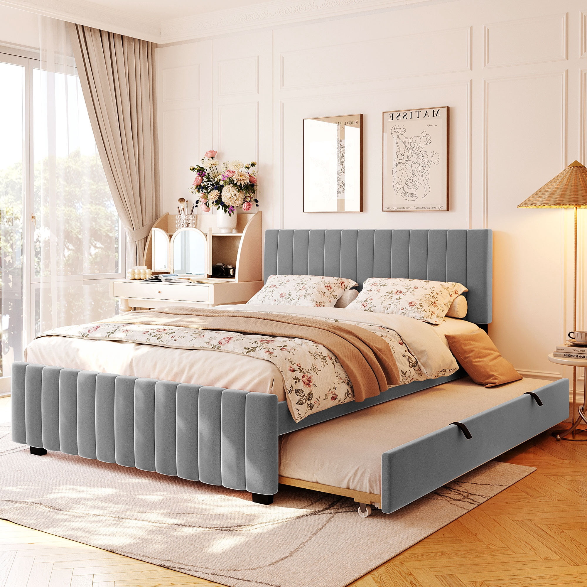 Queen Size Velvet Upholstered Platform Bed with Twin XL Trundle, Space Saving Bed Frame for Sleepovers and Guest Room, Gray