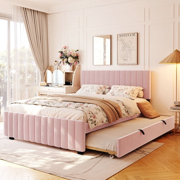 Queen Size Velvet Upholstered Platform Bed with Twin XL Trundle, Space Saving Bed Frame for Sleepovers and Guest Room, Pink