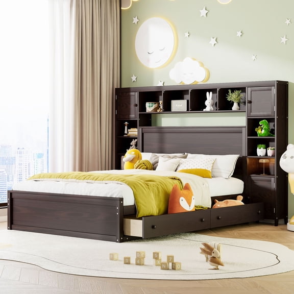 Queen Size Versatility Galore Solid Wood Bed Frame with All-in-One Cabinet, Drawers, Shelf and Sockets, Platform Bed Frame, Mid Century Bedframe, Wood Foundation(Espresso, Queen)