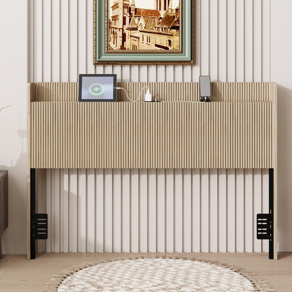 Queen Size Vertical Slat Fluted Wood Headboard with Charging Storage Compartment, Adjustable Support Legs, Freestanding Farmhouse Style, Golden Oak