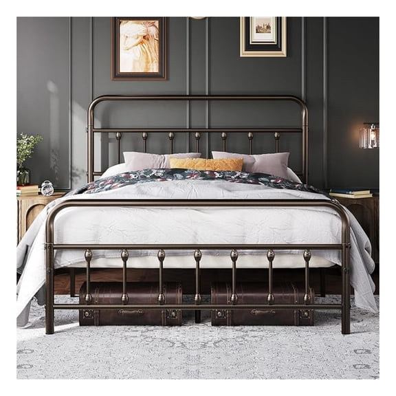 Queen Size Victorian Style Metal Bed Frame with Headboard/Mattress Foundation/No Box Spring Needed/Under Bed Storage/Strong Slat Support Bronze