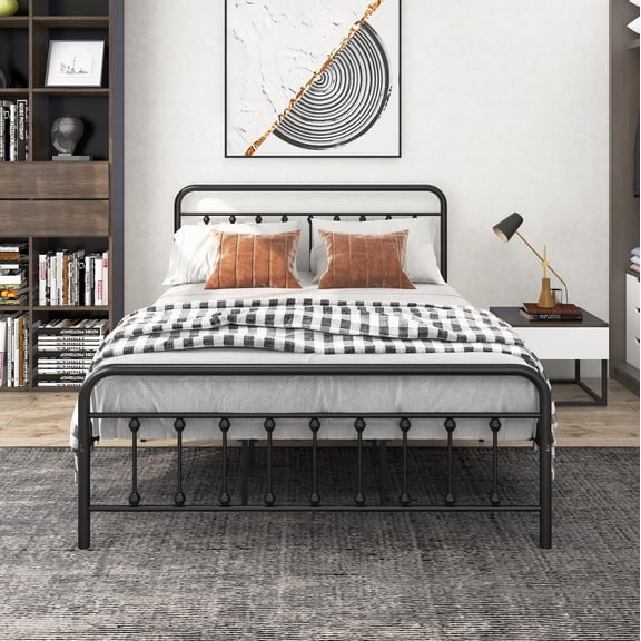 Queen Size Victorian Style Metal Platform Bed Frame with Headboard, Footboard and Under Bed Storage, No Box Spring Needed, Black