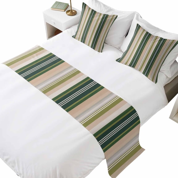 Queen Size Vintage Stripes Bed Runner Set 83 x 20 inch Army Green Gray Striped Retro Lines Bed Runners with 2 Matching Pillow Covers, Decorative Throw Pillowcases Bedding Scarf for Bedroom Hotel