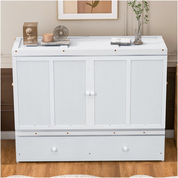 Queen Size Wall Bed Cabinet with USB Charging and Storage Drawer, Space Saving Murphy Bed in White