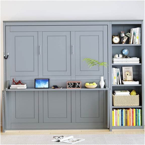 Queen Size Wall Bed with Floating Desk and Bookshelves, Space Saving Murphy Bed Cabinet for Home Office