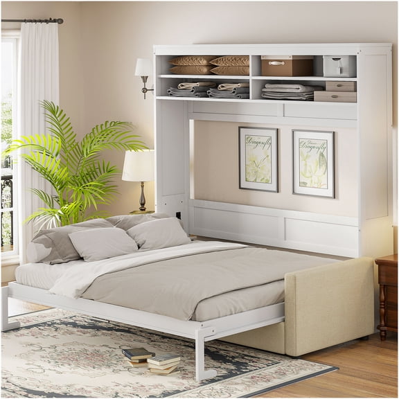 Queen Size Wall Bed with Sofa, Space Saving Murphy Bed for Small Rooms, Fold Down Convertible Bed Frame in White