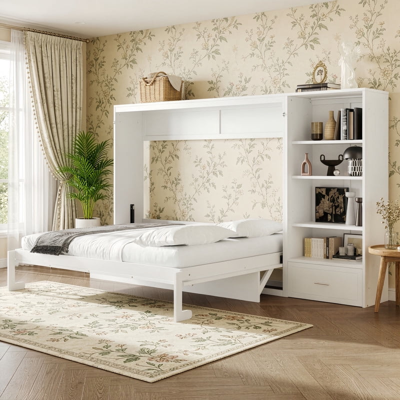 Queen Size Wall Murphy Bed with Adjustable Shelf, All-in-One Storage Bed Frame with Drawer, Folding Platform Bed for Guest Room