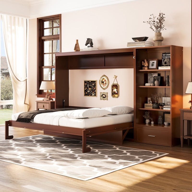 Queen Size Wall Murphy Bed with Adjustable Shelf, All-in-One Storage Bed Frame with Drawer, Folding Platform Bed for Guest Room