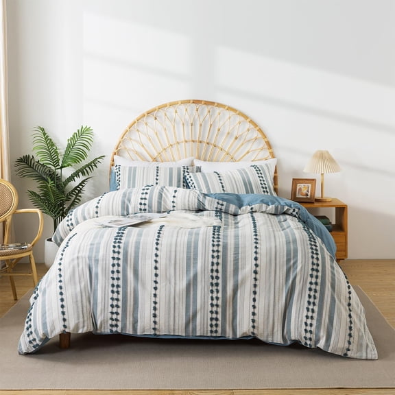 Queen Size Washed Cotton Duvet Cover Set, Boho Chic Tufted Dot Striped Bedding for All Seasons