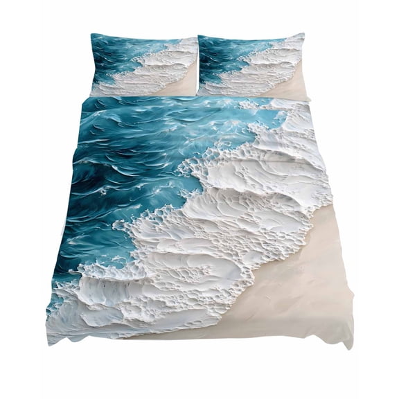 Queen Size Watercolor Beach Waves Sheet Sets Abstract Blue Ocean Soft Breathable Microfiber Bed Sheets Deep Pockets 4 Piece Bed Sheets Set, 1 Fitted Sheet, 1 Flat Sheet & 2 Pillowcases