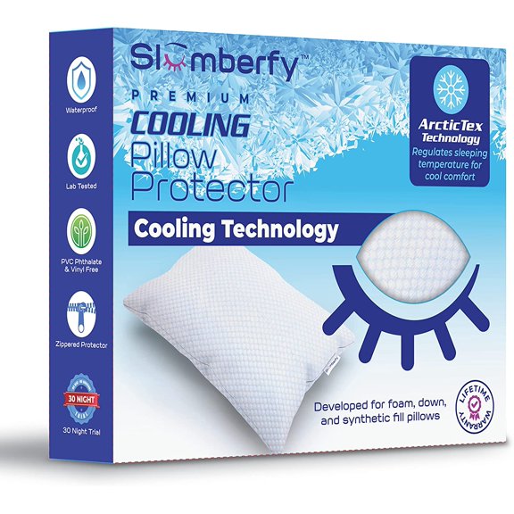 Queen Size Waterproof Cooling Pillow Protector by Slumberfy - Premium Skin-Safe Pillow Cover with Zipper Closure, Natural Fabric with ArcticTex Cooling Technology, Noiseless Pillowcase: 20x30 in.