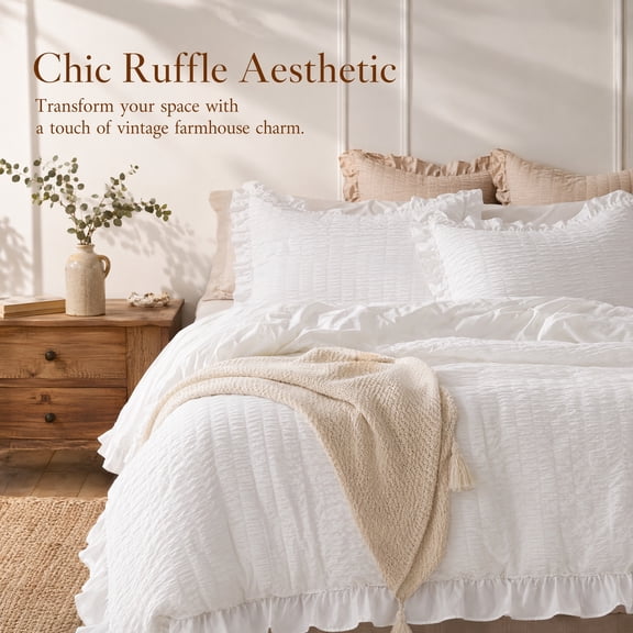 Queen Size White Comforter Set, 3 Pieces Ruffle Seersucker Bedding with 2 Pillow Shams, Lightweight Soft Shabby Chic Bedding for All Season