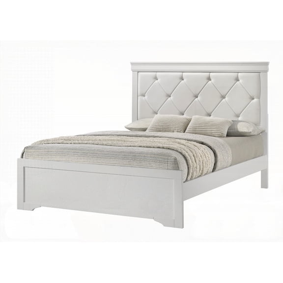 Queen Size White Finish Panel Bed with Upholstered Headboard & Crystal-Like Button Tufting for Bedroom Decor