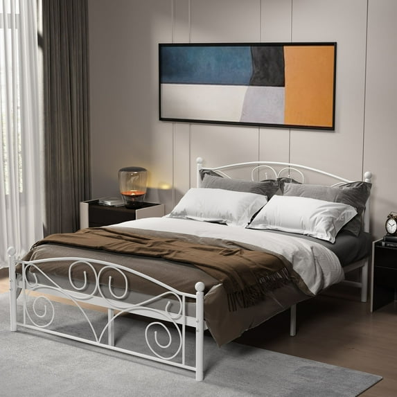 Queen Size White Metal Bed Frame with Headboard - Flower Design, Sturdy Steel, 600lbs Capacity, for Bedroom. Easy Assembly, No Box Spring Needed.