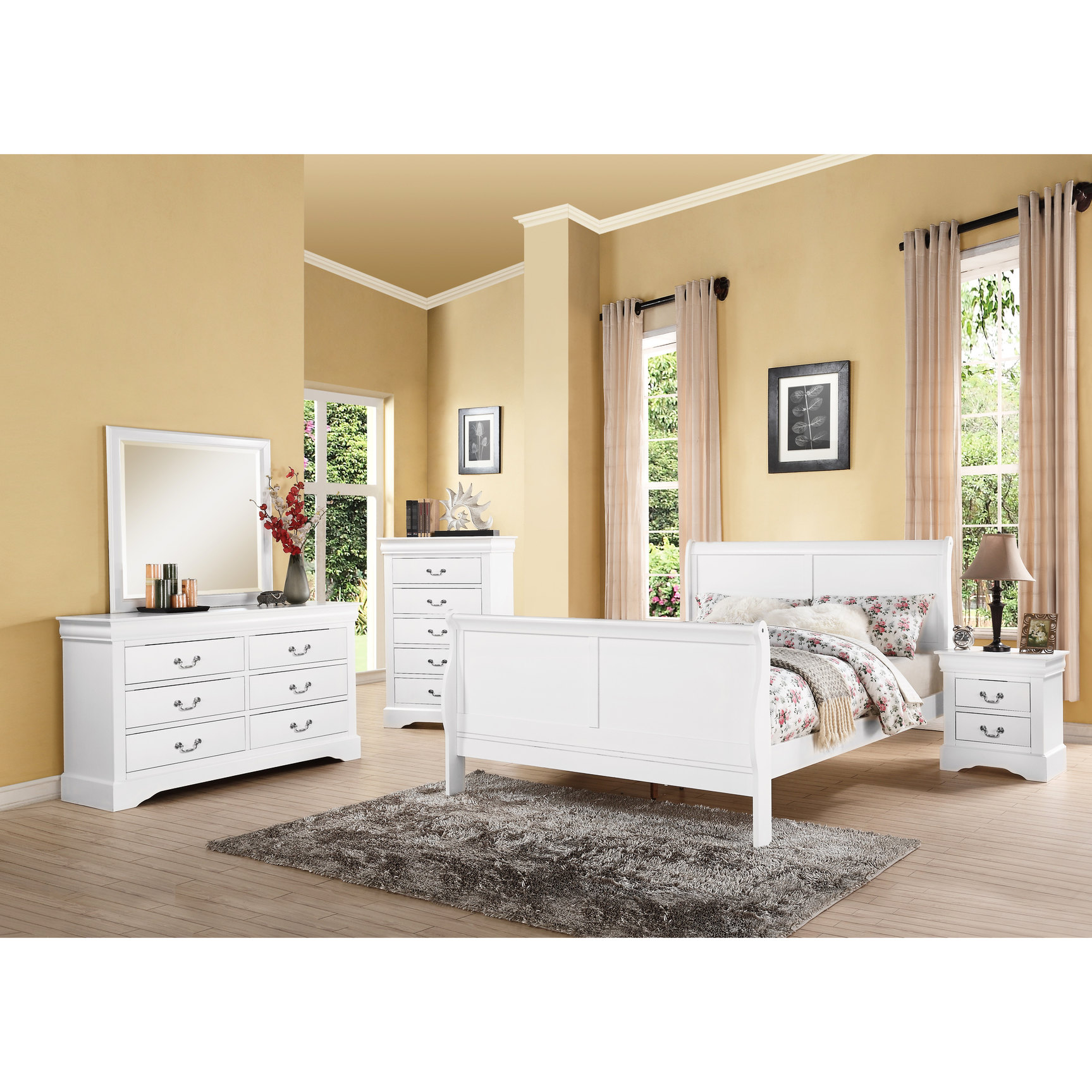 Queen Size White Sleigh Style Bed / Solid Pine and MDF Construction ...